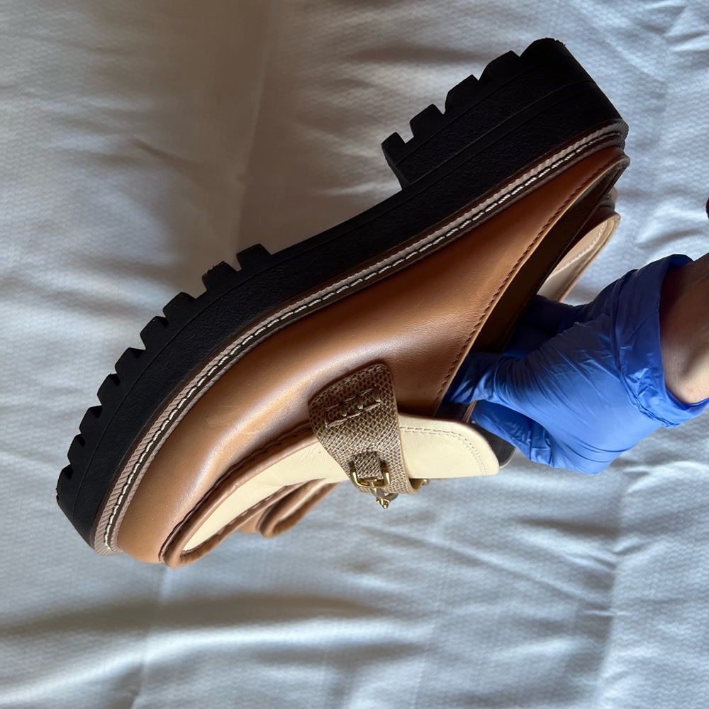Sam Edelman Two-Tone Cream and Brown Leather Backless Loafers - Picture 9 of 12